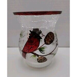 Crackle Glass Candle Holder Red Cardinal in the Pinecones approx 6" x 4.5"